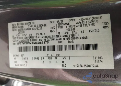 2021 Ford F-250 Lariat z USA, uszkodzony, nr VIN 1FT7W2BNXMED87375